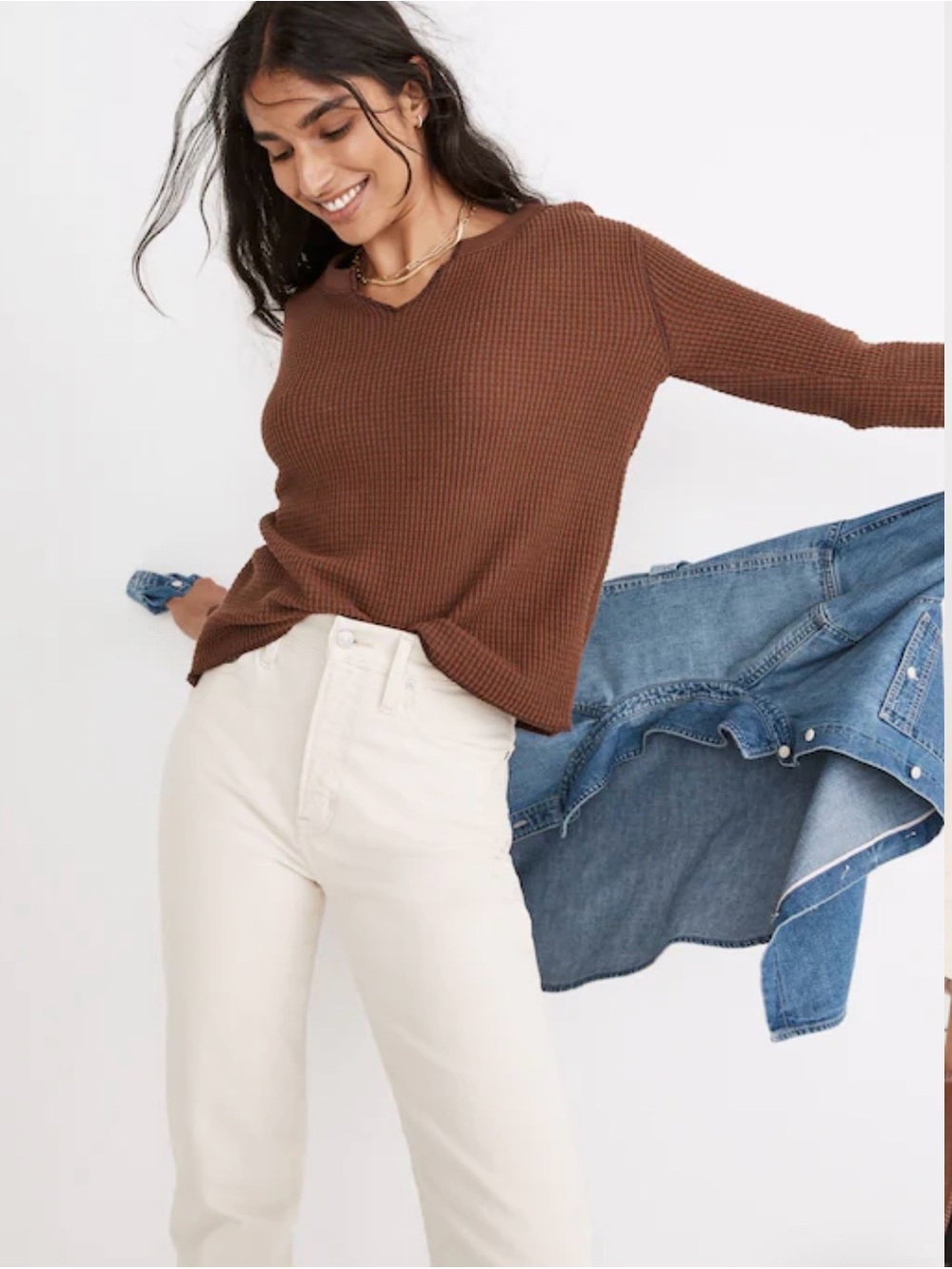 Madewell Split Crop Waffle Long Tee - Brown